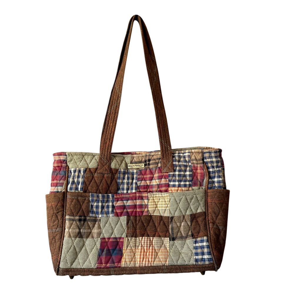 Bella Taylor Patchwork Quilted Tote Bag Plaid 100% Cotton Zip Farmhouse Purse